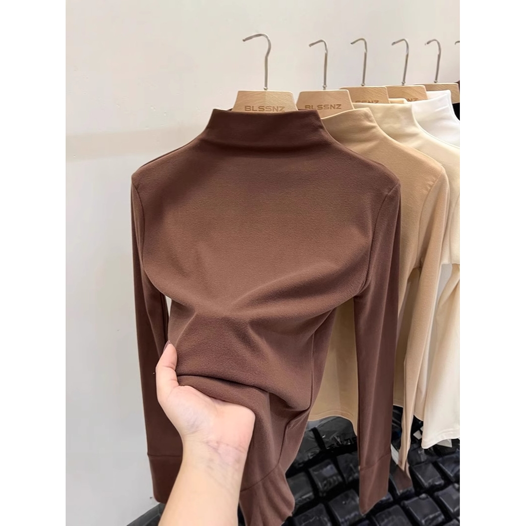 双面德绒半高领打底衫女加绒加厚保暖中领上衣内搭立领长袖t恤女