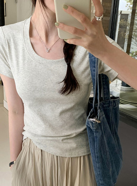 基础短款正肩圆领螺纹纯色修身短袖T恤女夏季小个子百搭慵懒上衣