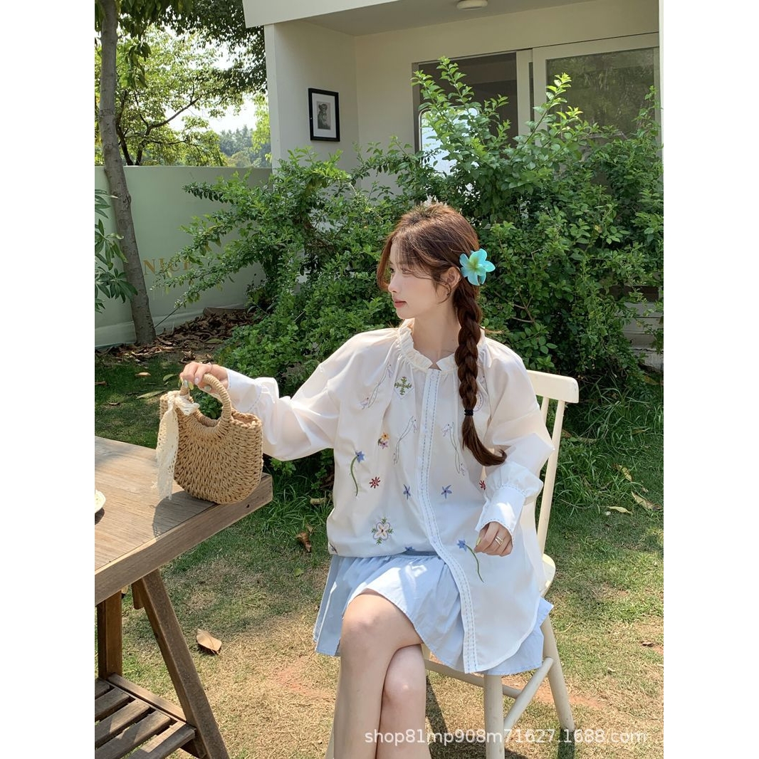 人气开衫刺绣白色衬衫女长袖上衣 2025 秋季圆领衬衣日系法式高级