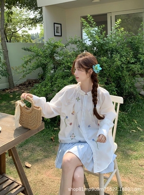 人气开衫刺绣白色衬衫女长袖上衣 2025 秋季圆领衬衣日系法式高级