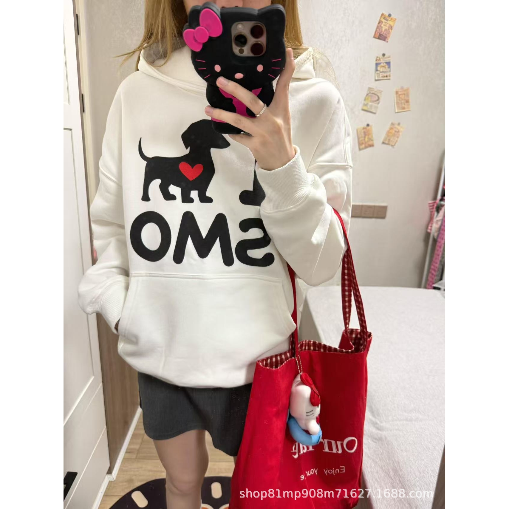 美式慵懒小狗印花加绒无帽绳连帽卫衣女2025秋冬新款宽松潮牌外套