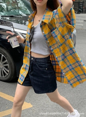 人气黄色复古格子衬衫女通勤开衫薄款 2025 秋季新款长袖衬衣女日