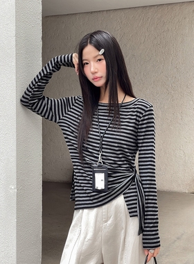 韩版一字肩条纹长袖t恤女2025秋季新款设计感别致绑带收腰上衣潮
