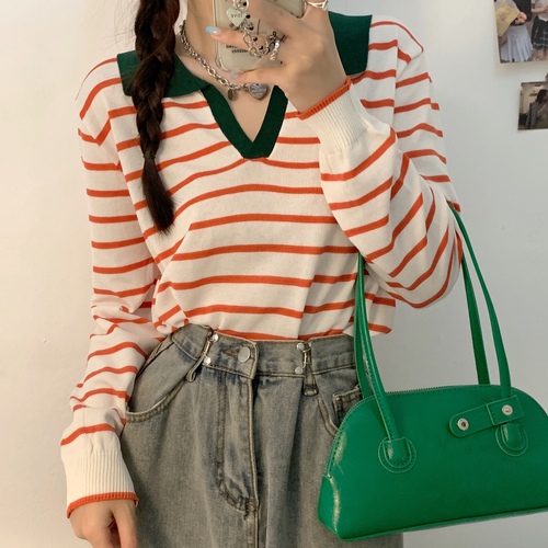 Early autumn 2021 ins fashion polo collar stripe knitted long sleeve top Korean loose versatile V-neck T-shirt