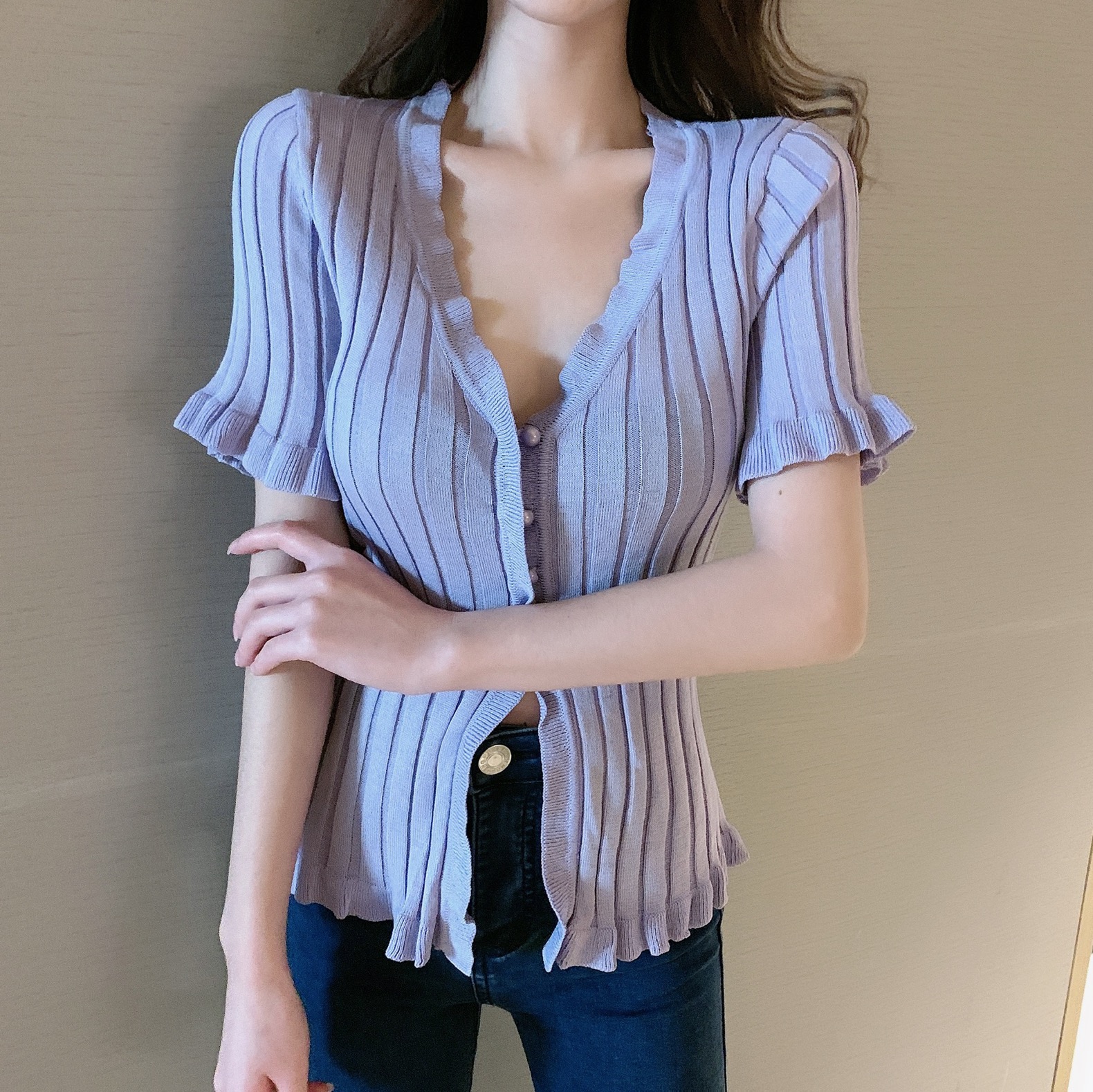 實拍實價復古洋氣小性感修身顯瘦短款木耳邊針織恤開衫外套