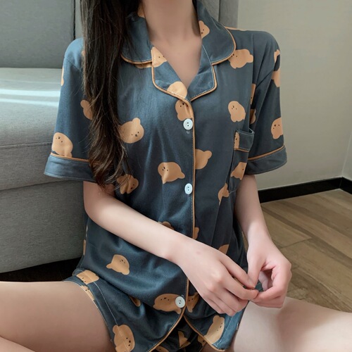 South Korea cute bear pajamas women's summer two piece cotton student home suit