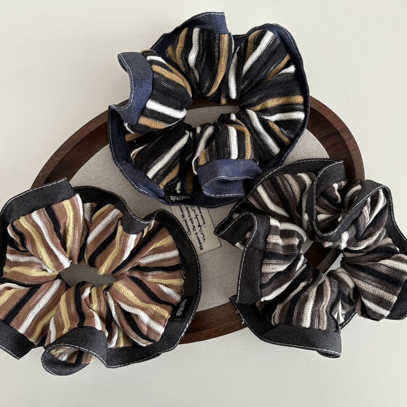 韩版秋冬撞色针织条纹牛仔包边条纹复古大肠发圈女慵懒低马尾头花