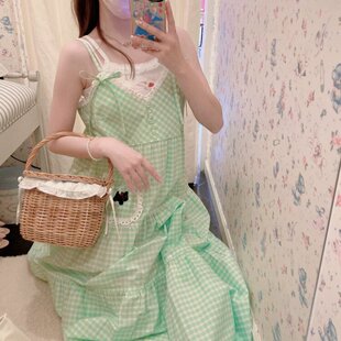 搬仓清货日系贵牌少女软妹甜美可爱小狗格子吊带连衣裙