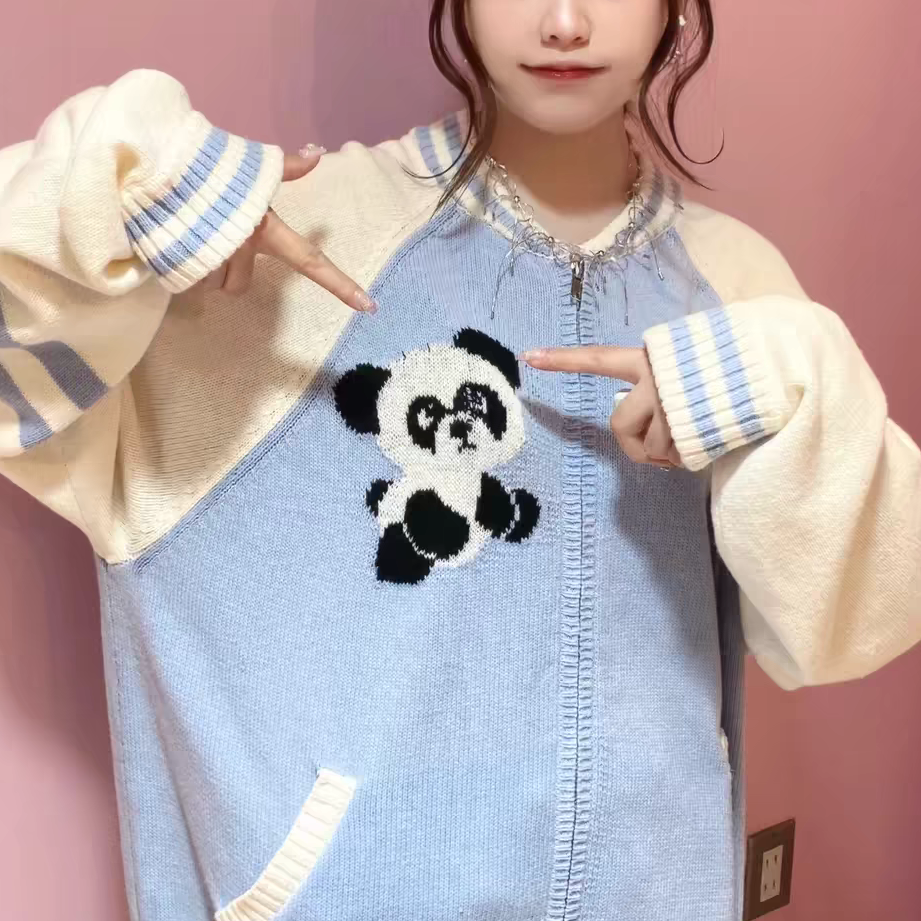 再入荷日系专柜1100+candy新款可爱熊猫刺绣oversize长款毛衣开衫