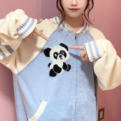 再入荷日系专柜1100+candy新款可爱熊猫刺绣oversize长款毛衣开衫