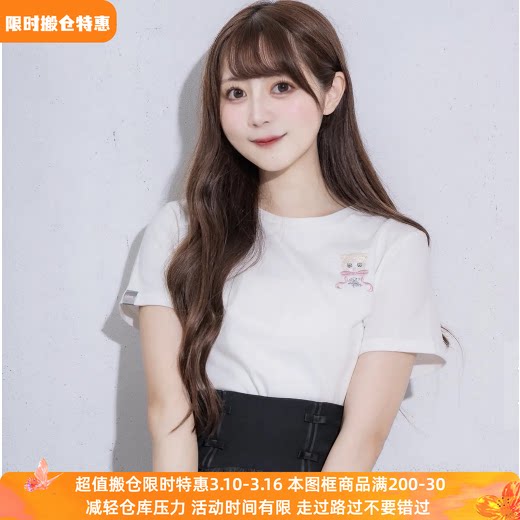 再入荷日系夏季P家甜美可爱猫咪蝴蝶结刺绣短袖宽松T恤