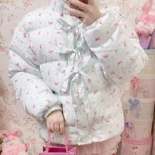 亏清日系贵牌冬季少女软妹甜美碎花蝴蝶结厚实棉衣外套
