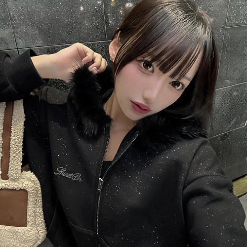 Meowchan秋冬季日系新款水钻字母毛毛边中长款连帽卫衣开衫