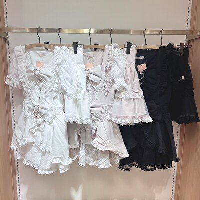 日系夏季黑雪白雪甜美量产型泡泡袖公主裙衣裙裤两件套装