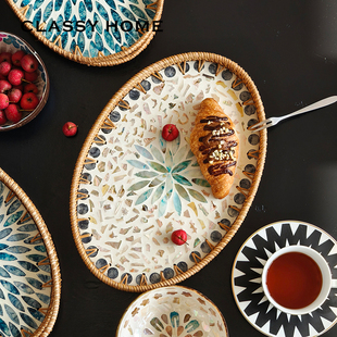 东南亚手工深海彩贝椰壳碗玄关钥匙首饰收纳水果甜品藤编托盘摆件