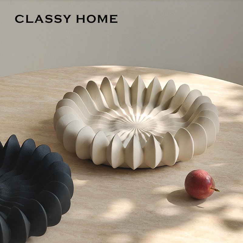 法式陶艺家侘寂风黑白优雅线条收纳摆件桌面手工陶瓷中古艺术果盘,家居饰品,果盘/果篓,淘宝优惠券,粉丝福利购,淘宝优惠卷