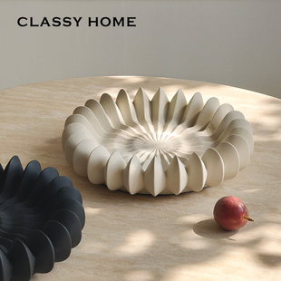 法式陶艺家侘寂风黑白优雅线条收纳摆件桌面手工陶瓷中古艺术果盘