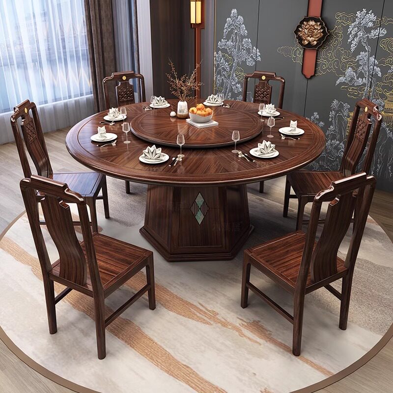 乌金木实木餐桌椅组合大圆桌别墅款客厅高端带转盘新中式吃饭桌子