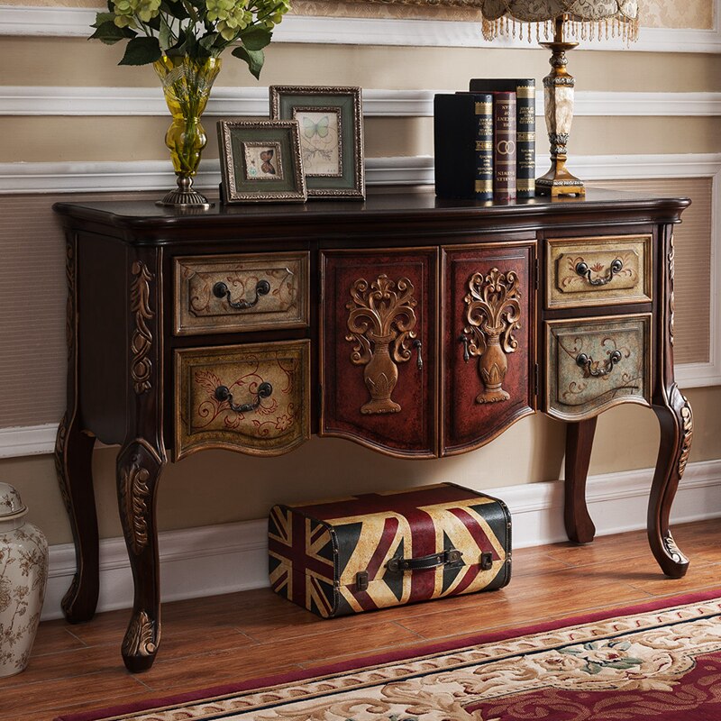 欧式玄关柜玄关台靠墙边桌实木美式玄关台复古彩绘走廊桌品质家具