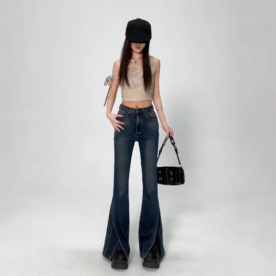 美式高腰春夏新款显瘦开叉微喇叭高腰拖地牛仔裤女垂坠感阔腿长裤