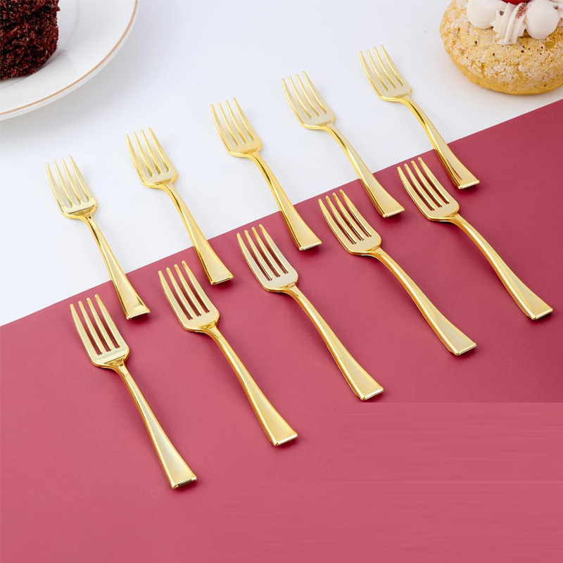 金色一次性塑料小叉子硬塑烘培甜品叉仿金属迷你蛋糕叉独包餐具