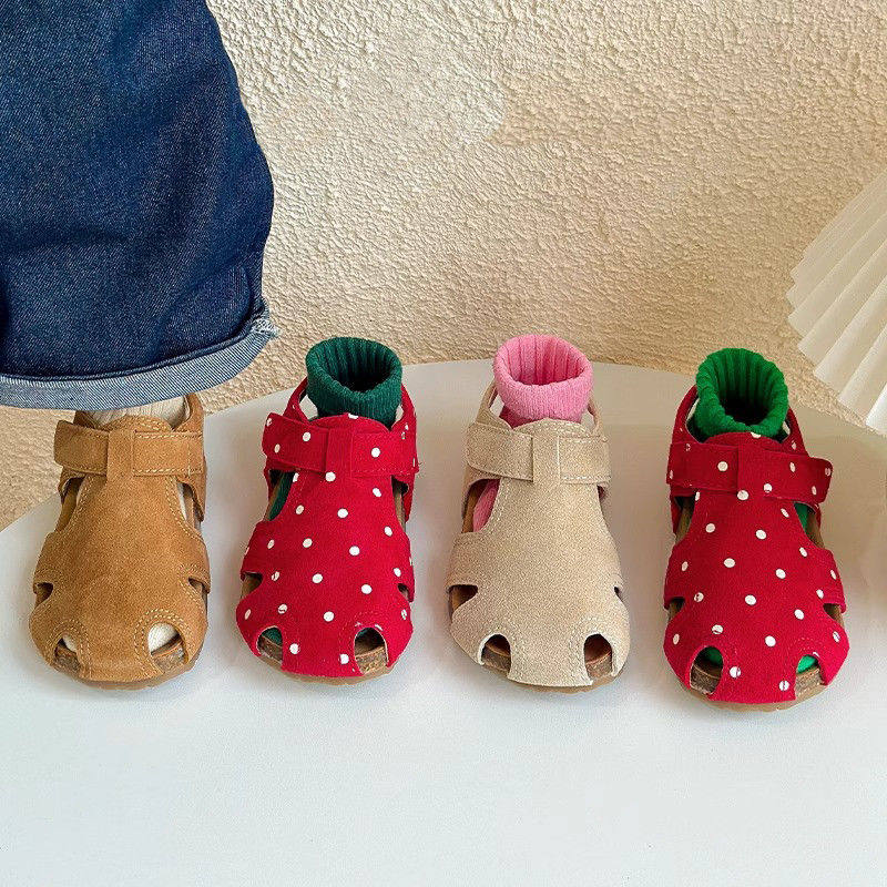 女童真皮勃肯凉鞋夏季男童软木包头沙滩鞋儿童红色波点韩系宝宝鞋