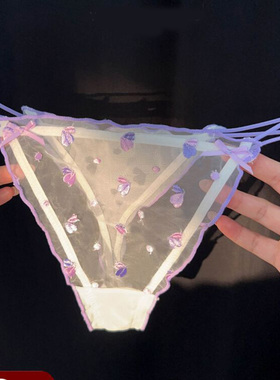 性感蕾丝刺绣花朵细带丁字裤女低腰透明网纱内裤甜美风