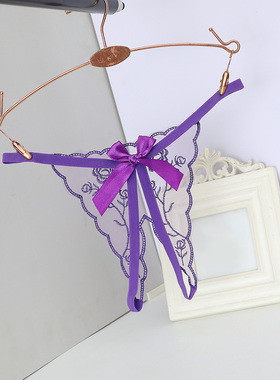 性感蝴蝶结细带丁字裤女低腰无痕T裤紫色刺绣内裤开裆免脱女式T裤
