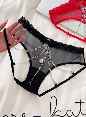 性感蕾丝边金属链条铃铛内裤女低腰镂空透视纯欲三角裤