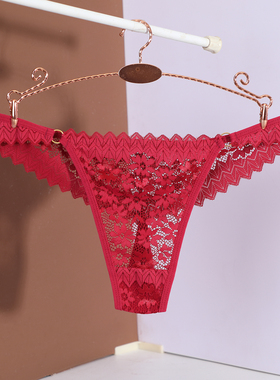 法式性感蕾丝丁字裤女低腰无痕透气T裤红色女式镂空2025新款刺绣