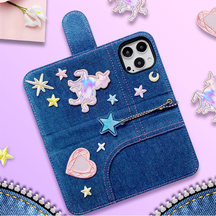 美式复古辣妹风y2k牛仔布刺绣翻盖手机壳适用苹果iphone华为vivo