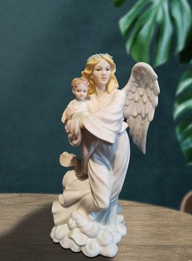陶瓷工艺礼品出口订单雅致高温色土陶守护天使摆件西班牙瓷偶创意