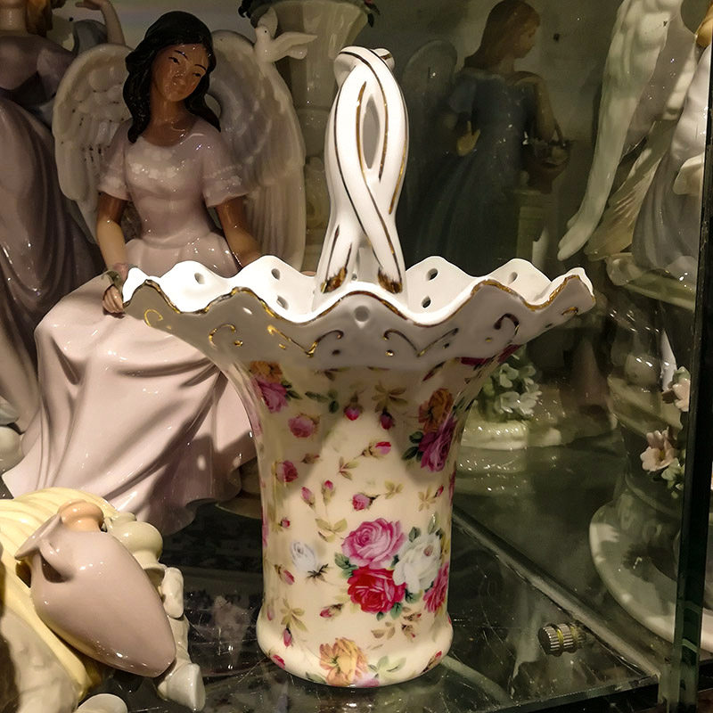 创意花瓶摆件网红手提篮复古贴花镂空提袋客厅餐桌插花瓶轻奢出口