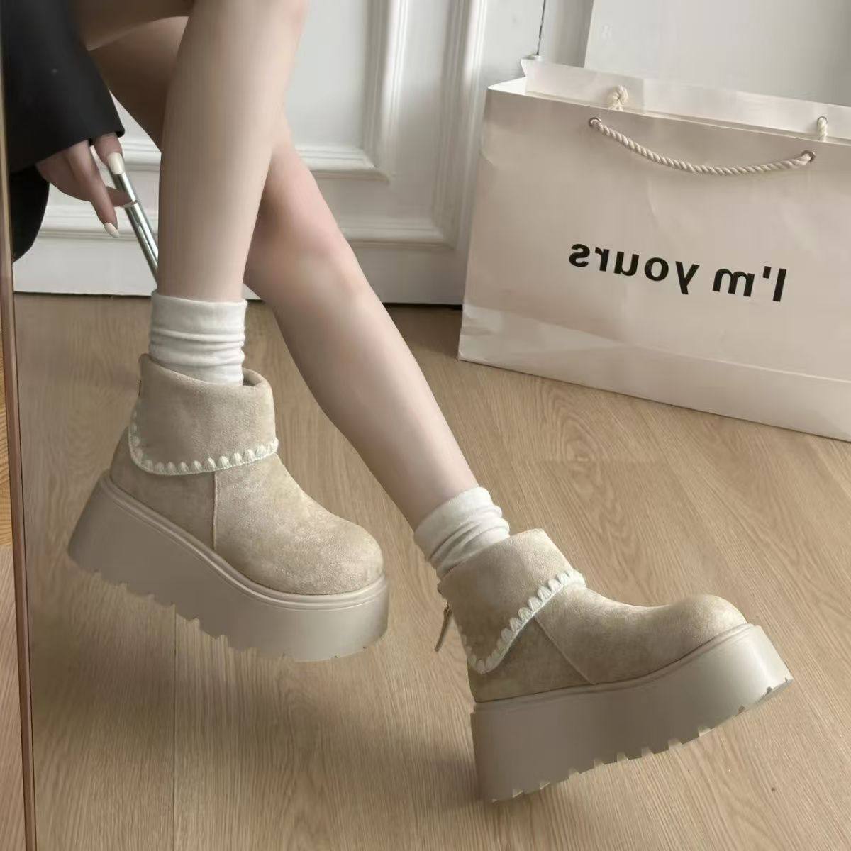 厚底勃肯鞋女雪地靴2025新款韩版女鞋加绒棉鞋显瘦复古小短靴