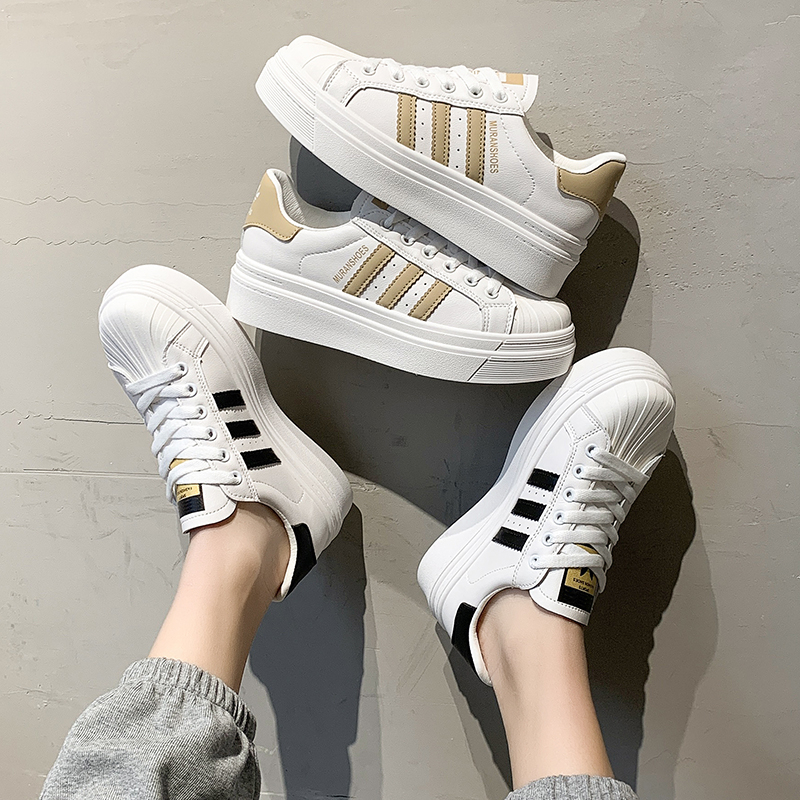 薄款透气排汗三条杠贝壳头2025新款春增高厚底小白鞋休闲运动板鞋