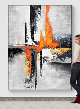 油画客厅挂画纯手绘立体肌理黑白灰橙色玄关沙发落地大芬村装饰画