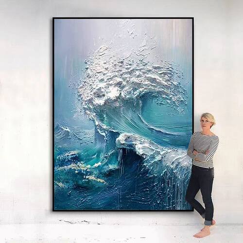 油画客厅挂画手绘立体海浪胸怀大海玄关现代餐厅抽象背景墙装饰画