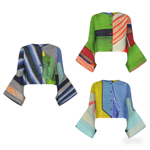 三宅艺创彩色拼接长袖短外套女2026年新款休闲风短款褶皱开衫上衣