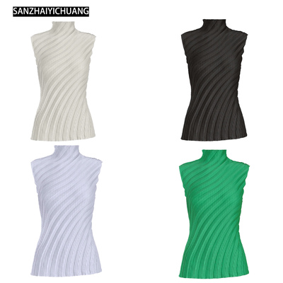 三宅艺创2026新款女装背心褶皱纯色简约上衣高领无袖显瘦打底T恤