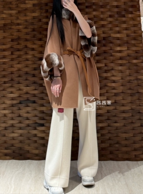 意大利代Fari富贵色驼色披肩斗篷双面羊绒大衣女中长款显瘦呢外套