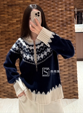 意大利代FARI费尔岛羊毛针织开衫女翻领拉链毛衣外套上衣秋冬新款