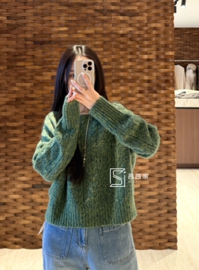 意大利代Fari全羊绒圆领毛衣女宽松慵懒风针织衫上衣秋冬厚一字领