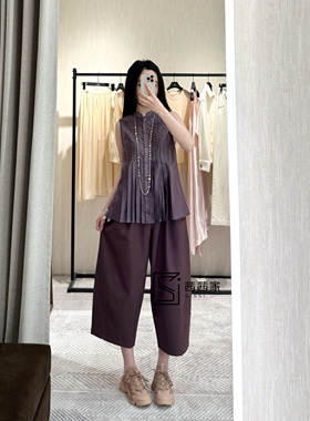 意大利代FARI春夏阔腿裤老钱风慵懒系直筒女裤子松紧腰9分西装裤