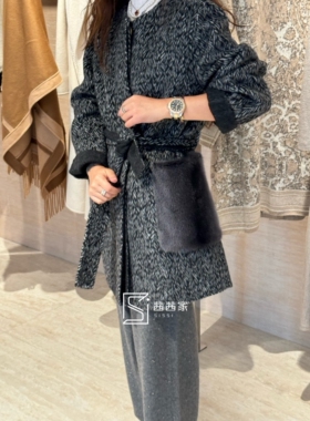 意大利代FARI羊毛羊绒拼口袋大衣女中长款系带千鸟格纹毛呢外套