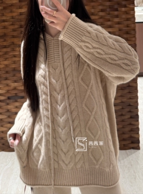 意大利代FARI羊绒针织衫女连帽麻花毛衣宽松显瘦加厚上衣外套