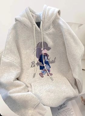 2025爆款时尚灰色加厚卫衣女装秋冬新款洋气流行帽衫外套宽松衣服