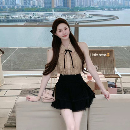 MEI ZI 美姿-袖衬衫背心小衫+半身裙套装(配胸针)(有安全裤)26312