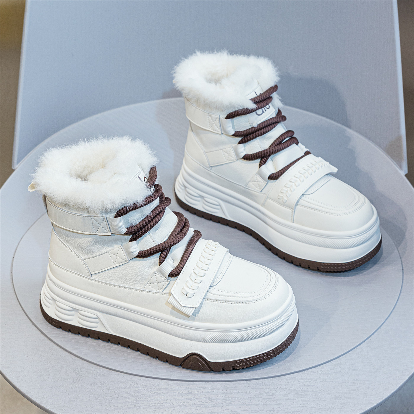 厚底加绒保暖高帮鞋女2025冬季新款加厚舒适百搭真皮休闲毛毛棉鞋