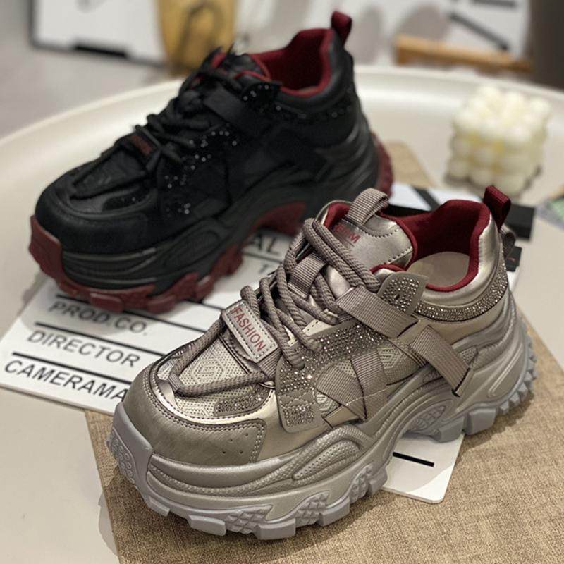 真皮厚底水钻增高老爹鞋2024秋新款百搭时尚高级感系带休闲运动鞋,女鞋,时尚休闲鞋,淘宝优惠券,粉丝福利购,淘宝优惠卷