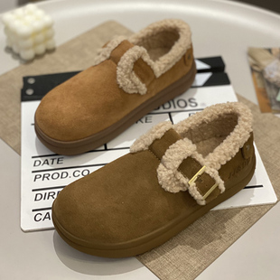 加绒保暖复古风懒人时髦单鞋 洋气舒适磨砂牛皮勃肯鞋 女2024冬新款